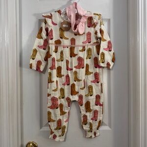 NWT Mud Pie Baby Girl Pink and Brown Cowboy Boot Print Romper Long Sleeve